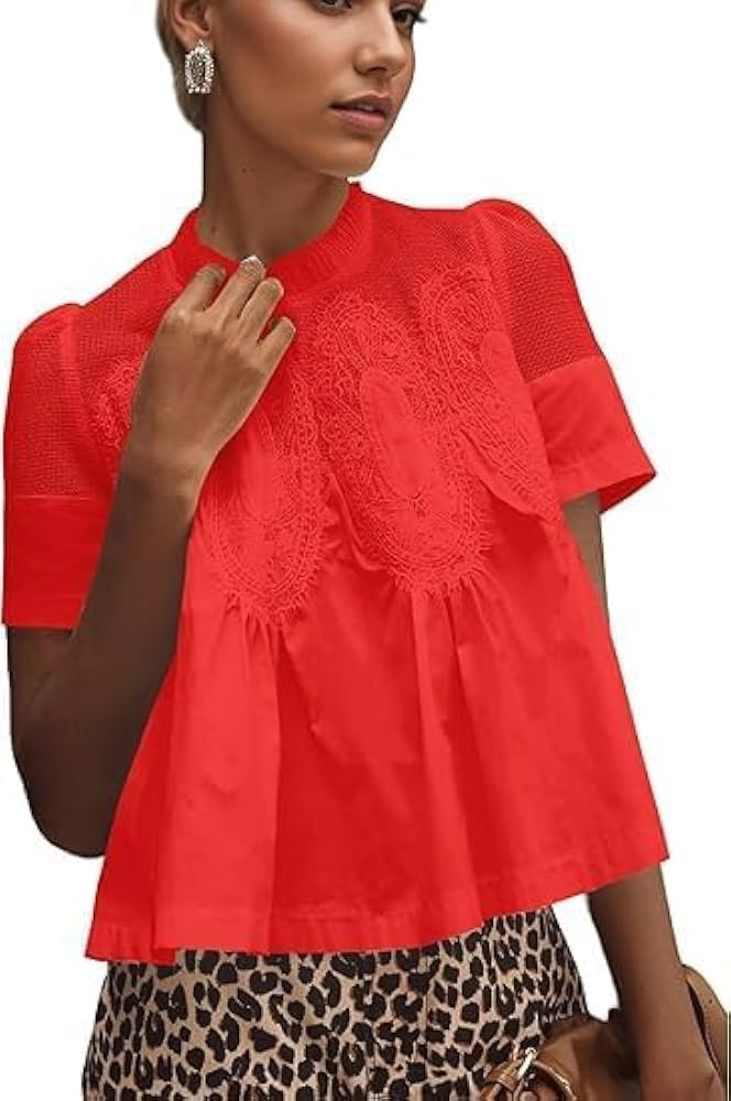 MISSACTIVER Women Lace Trim Short Sleeve Blouse Swing Crew Neck Ruffle Hem Mesh Shirts Summer Loo... | Amazon (US)