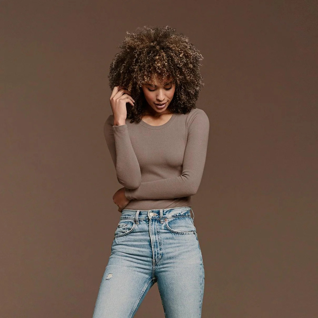 Long Sleeve Ribbed Crewneck Bodysuit | Mocha | Nuuds US