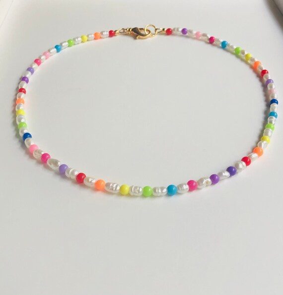 Small Freshwater Pearl & Rainbow Gum ball Beaded Necklace | Multicolor Necklace | Small Rainbow B... | Etsy (US)