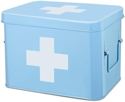 Flexzion First Aid Organizer, 8.5 Inch Blue Vintage Metal Kit Tin With Dividers, Removable Tray a... | Amazon (US)