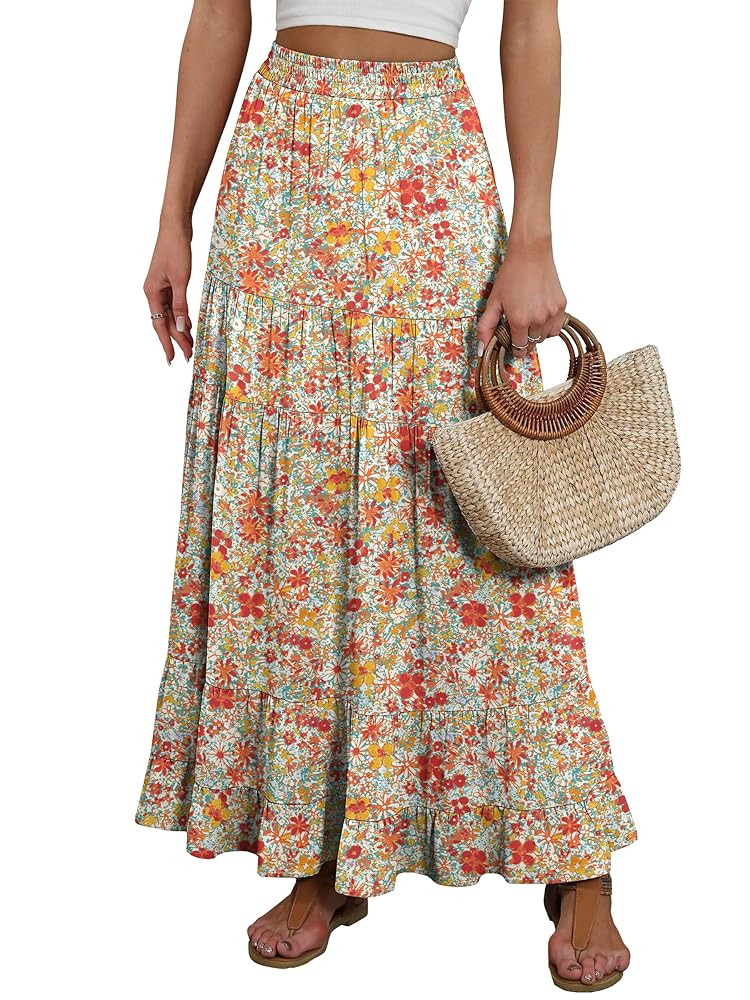 ANRABESS Womens Maxi Skirt Elastic High Waist Swing Tiered A-line Flowy Pleated Boho Beach Vacati... | Amazon (US)