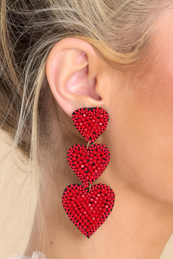 When Love Lasts Red Beaded Heart Earrings | Red Dress 