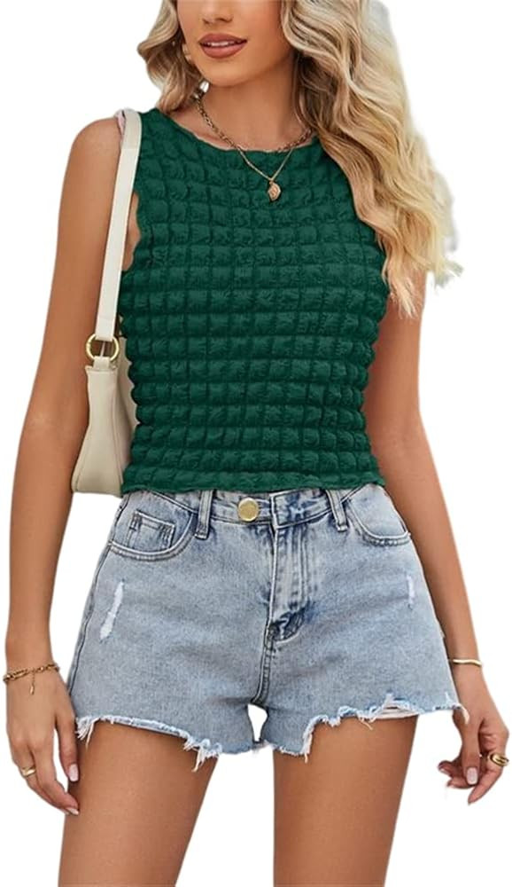 AIWUFLY Women's Summer Popcorn Crop Top Crew Neck Sleeveless Fashion Y2K Streetwear Textured Tank... | Amazon (US)