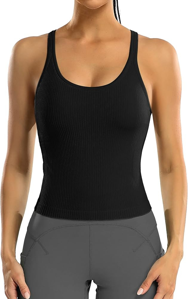 ATTRACO Women Ribbed Workout Crop Tops with Built in Bra Yoga Racerback Tank Top Tight Fit | Amazon (US)
