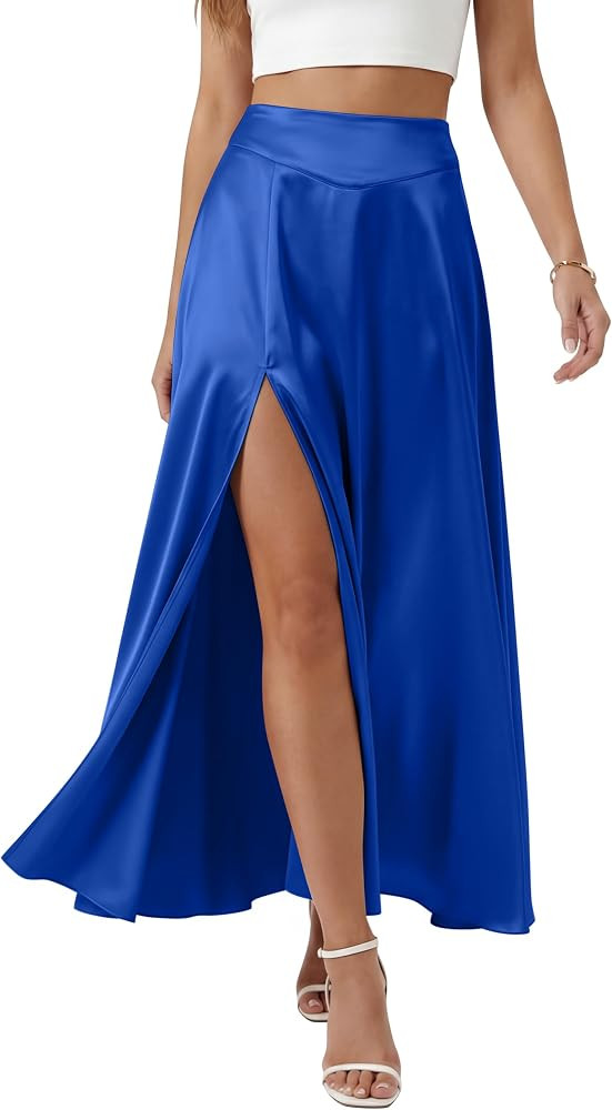 Heavy Feel Satin Maxi Skirts for Women Elastic Waisted High Leg Slit Gorgeous Flowy A-Line Skirts... | Amazon (US)