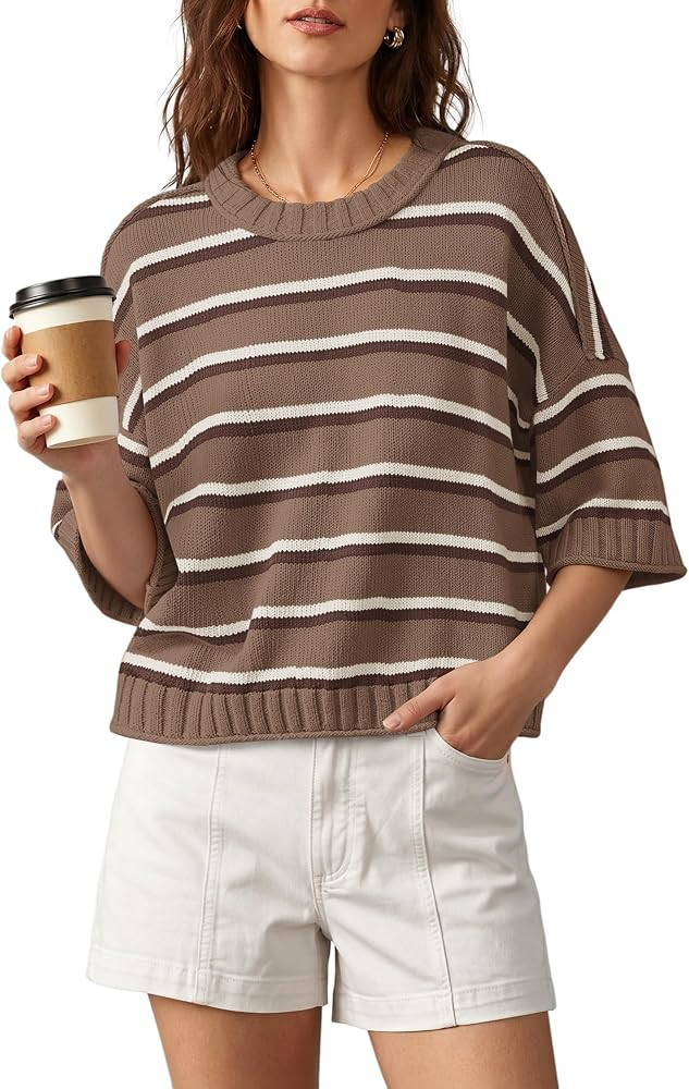 Nirovien Womens Short Sleeve Striped Sweater Crewneck Knitted Fall Sweaters | Amazon (US)