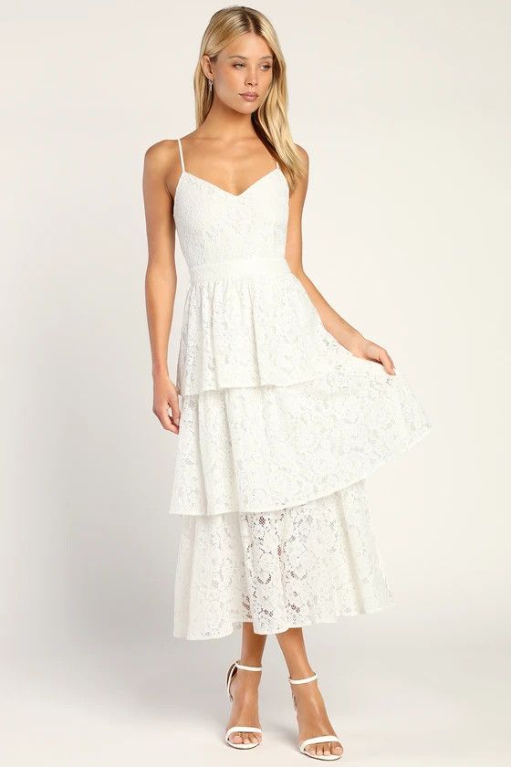Love in Layers White Lace Tiered V-Neck Midi Dress | Lulus (US)