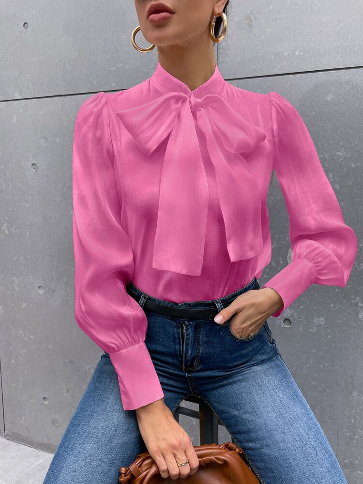 Tie Neck Puff Sleeve Satin Blouse | SHEIN
