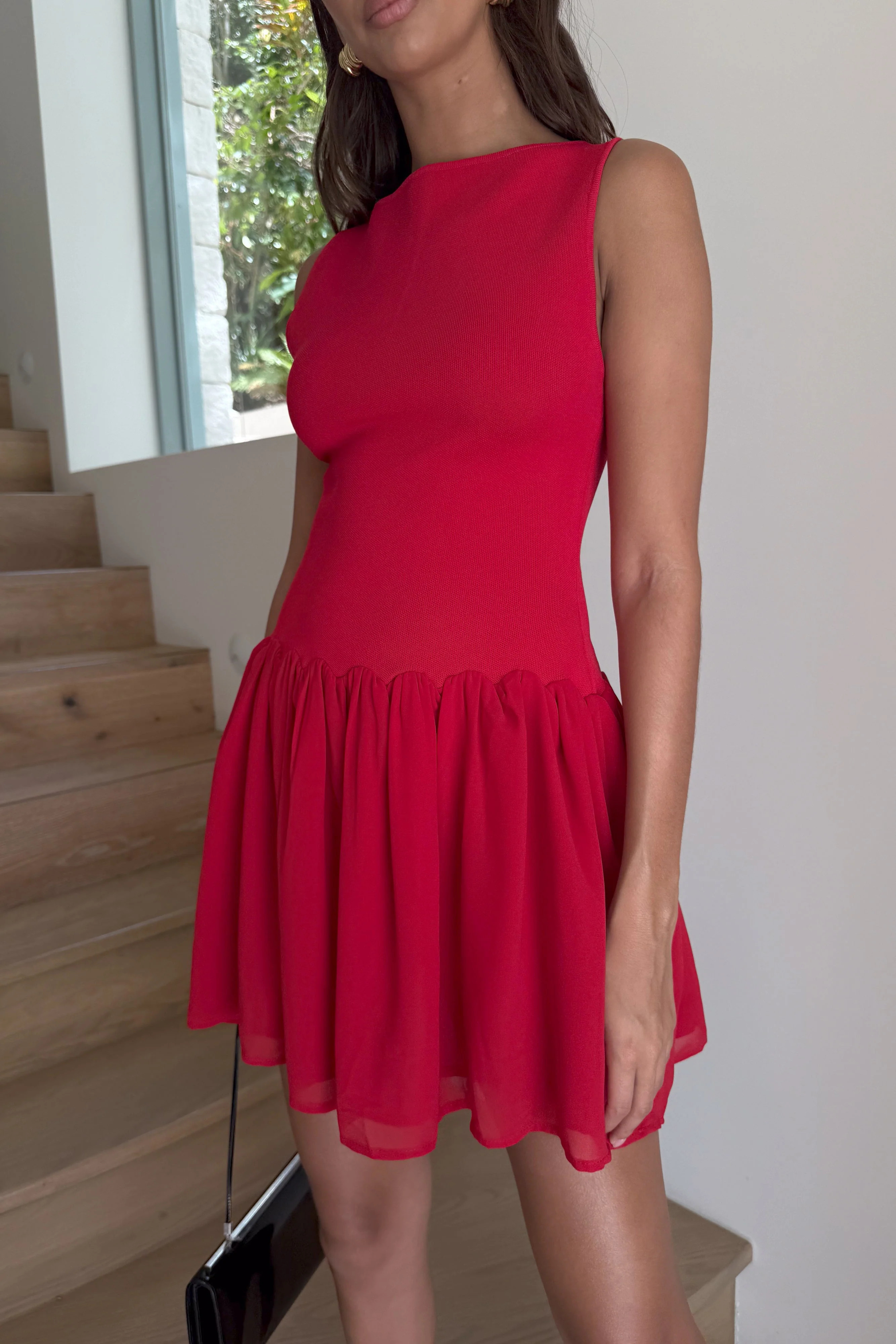 Ashleigh Knit And Chiffon Mini Dress - Red | MESHKI US