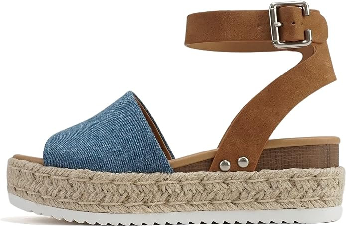 Soda Topic Open Toe Buckle Ankle Strap Espadrilles Flatform Wedge Casual Sandal | Amazon (US)