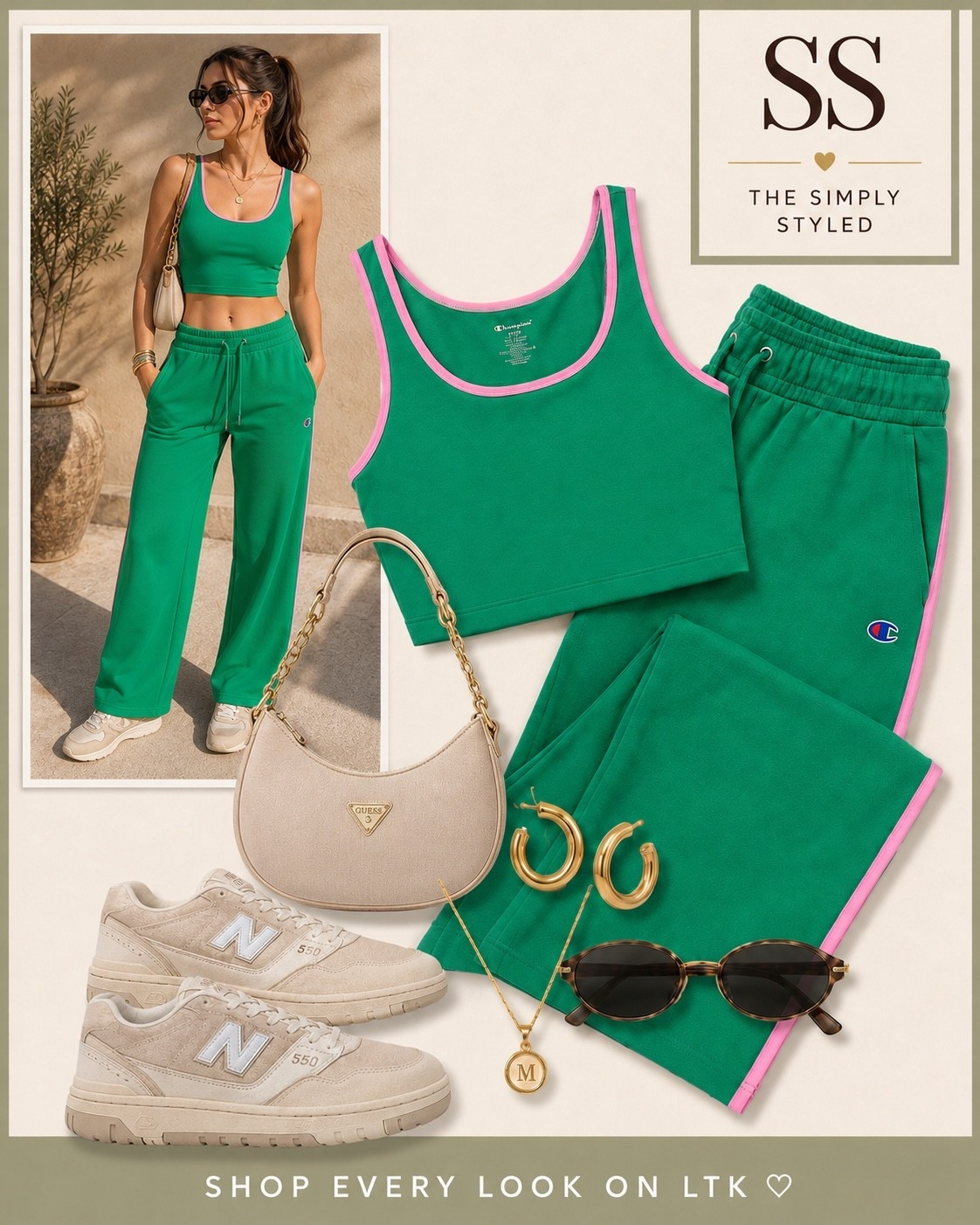 Champion green matching set styled with neutral sneakers, a cream shoulder bag, gold jewelry, and oversized sunglasses. The perfect elevated athleisure outfit for summer errands, travel days, coffee runs, casual weekends, and everyday wear. Green lounge set, matching set outfit, athleisure style, casual chic outfit, neutral accessories, comfortable travel outfit, sporty fashion, summer capsule wardrobe, effortless everyday style. 🤍

#LTKootd
