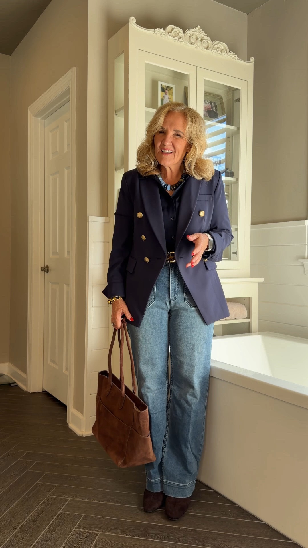 Blazer size medium 
Silk blouse med
Jeans 29 reg 
Walmart boots true to size but in leather boots I usually size up I’ve linked a few leather options if you prefer 
Business casual jeans and a blazer navy blazer

#LTKOver40 #LTKootd #LTKWorkwear