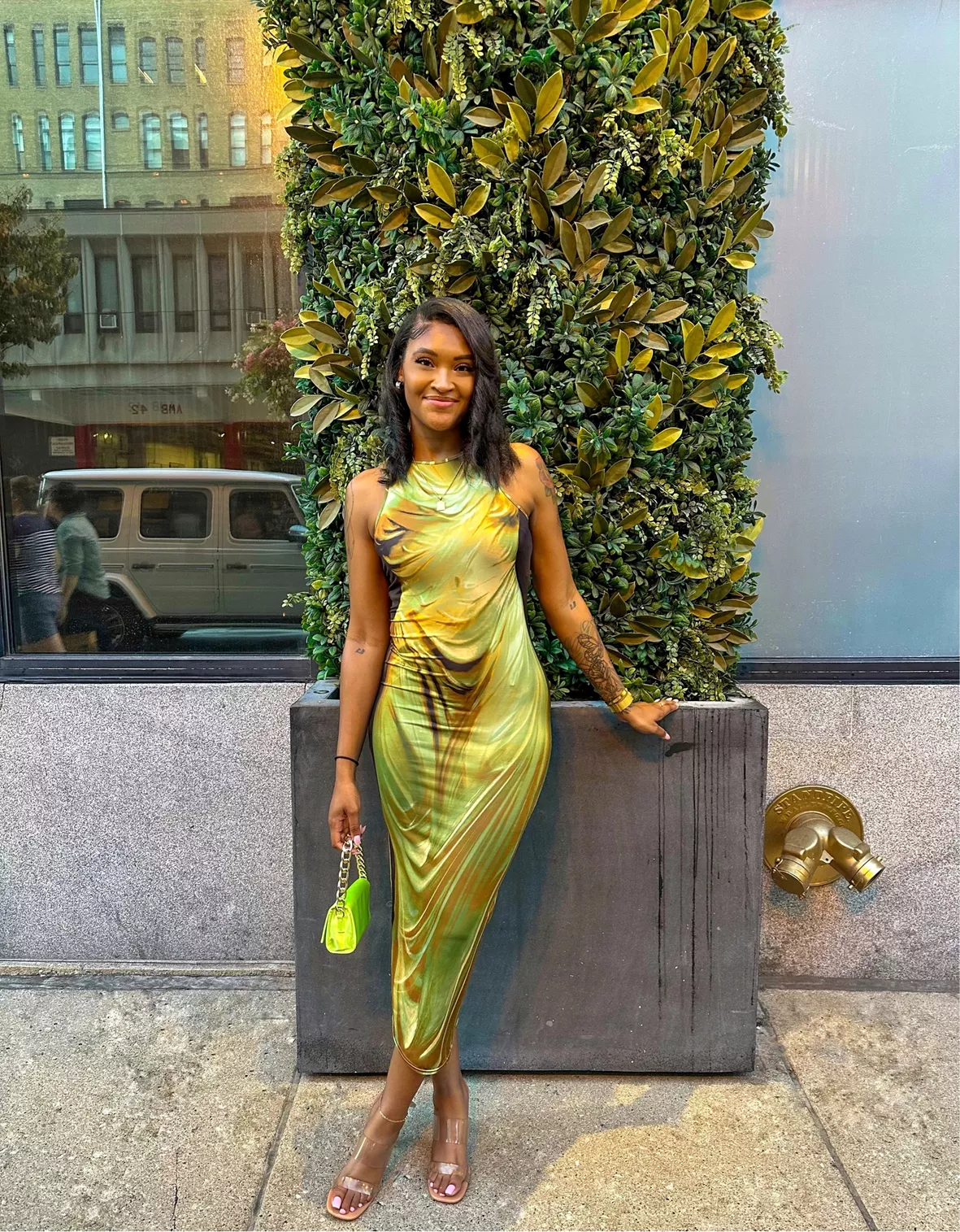 Shape Green Drape Statue Printed Racer Maxi Dress