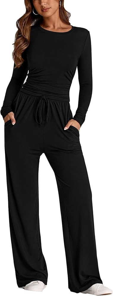 PRETTYGARDEN Women's 2 Piece Outfits Fall Tracksuits Long Sleeve Crop Tops Wide Leg Pants Spring ... | Amazon (US)