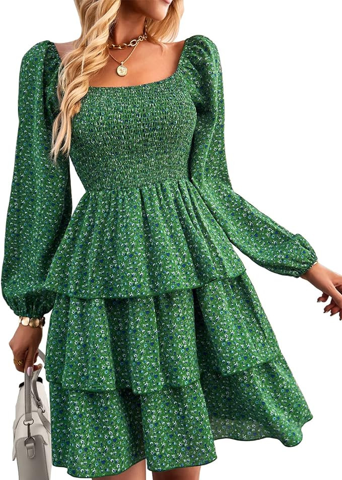 BTFBM Womens Long Sleeve Dress Vacation Square Neck Smocked Floral Swiss Dot Mini Boho Fall Weddi... | Amazon (US)