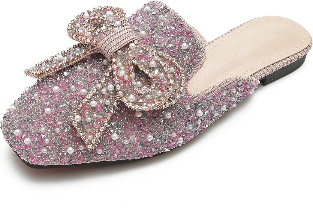SAFECAMS Women's Rhinestone Bow Flat Mules Comfortable Square Toe Slip on Penny Loafers Ladies Ba... | Amazon (US)