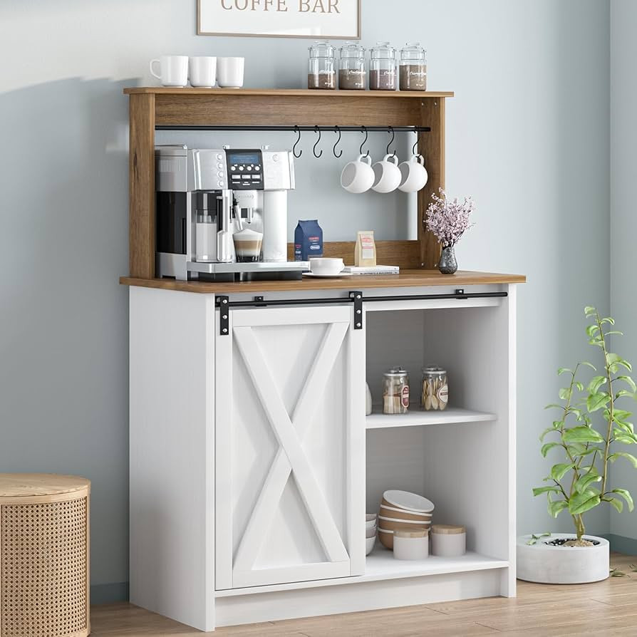 4ever2buy Farmhouse Coffee Bar Cabinet with Storage, White Coffee Bar with Hutch and 6 Hooks, 31.... | Amazon (US)