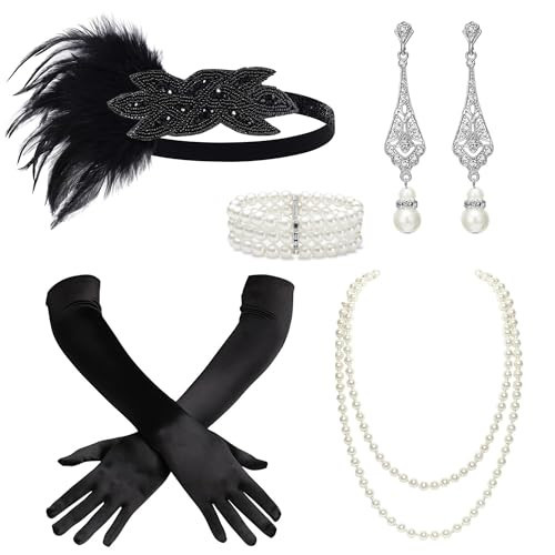 BABEYOND 1920s Flapper Accessories Great Gatsby Costume Accessories 20s Flapper Headband Pearl Necklace Gloves Plastic Holder | Amazon (US)