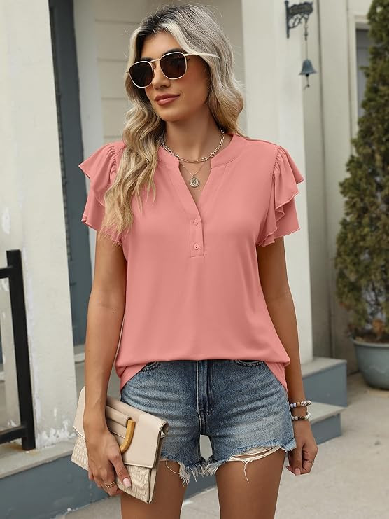 ANRABESS Womens Tops Dressy Casual Ruffle Short Sleeve V Neck Blouses Summer Button Down Business... | Amazon (US)