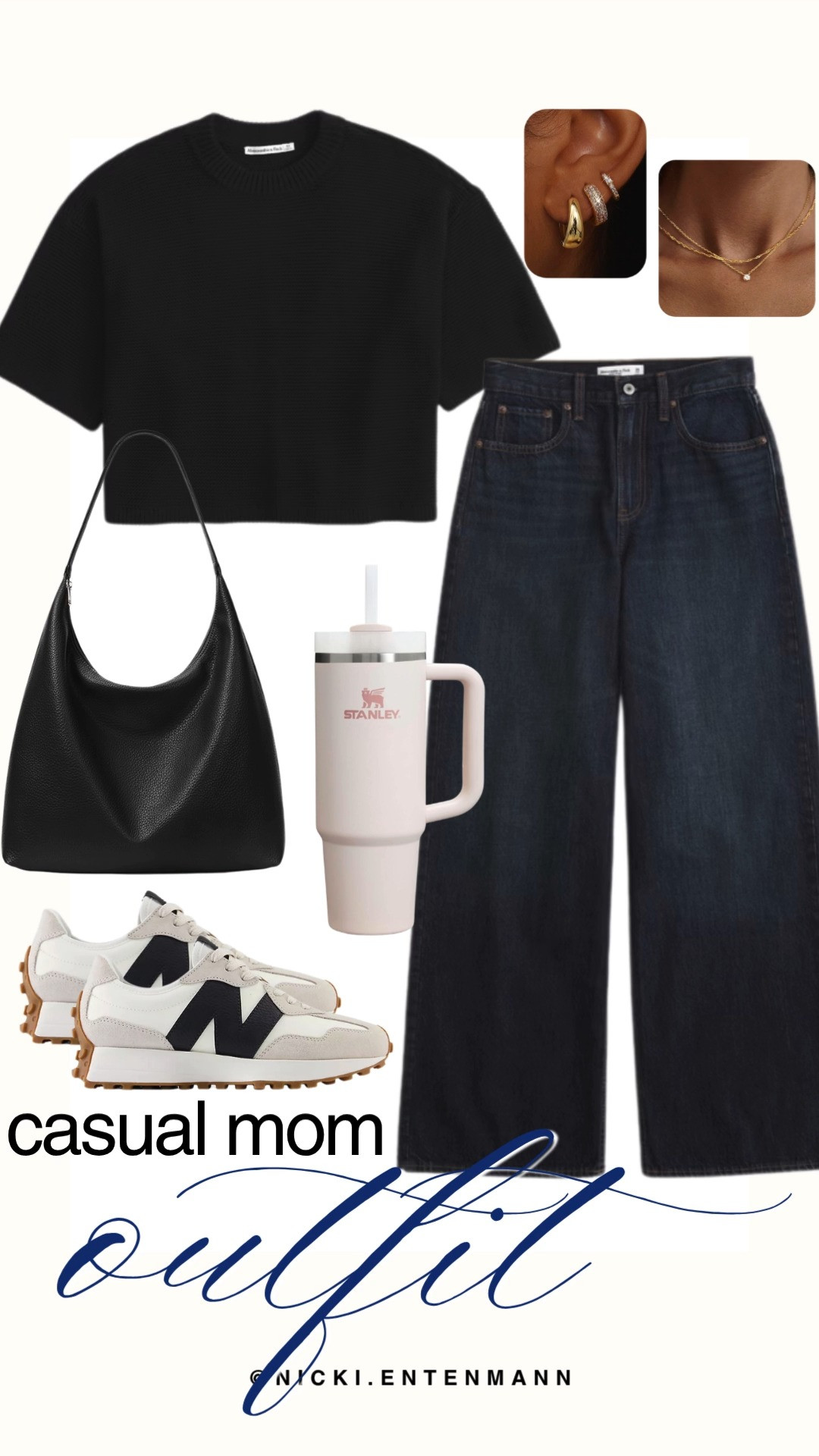 Create an effortless everyday look with this chic casual mom outfit featuring a short sleeve black knit top, dark wash wide leg jeans, New Balance sneakers, gold jewelry, black shoulder bag, and pale pink Stanley tumbler. #momstyle #casualoutfit #everydayfashion #streetstyle #newbalance327 #stanleytumbler #widelegjeans #capsulewardrobe #chicoutfit #modernliving 👟👜🥤 

 #LTKootd #LTKActive #LTKSaleAlert