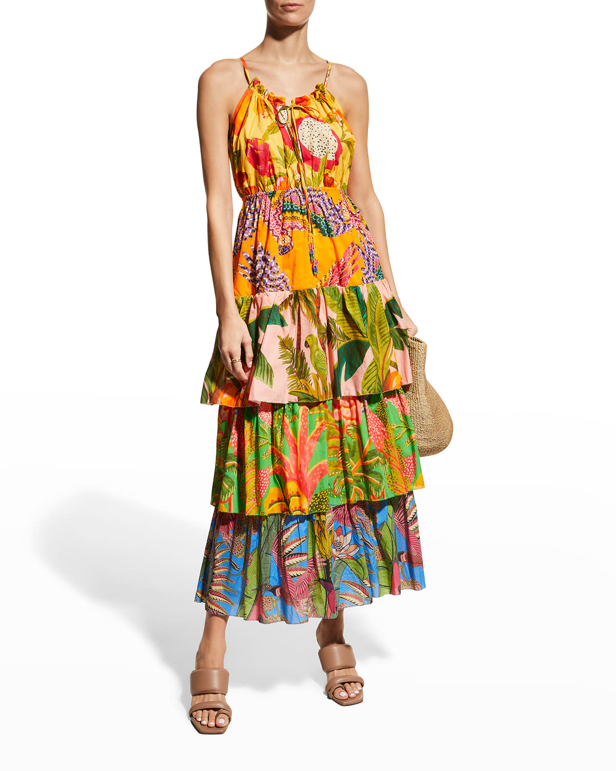 White Mixed Prints Tiered Maxi Dress | Neiman Marcus