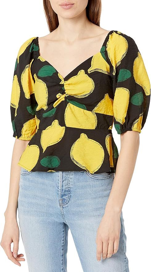 Sugar Lips Women's Pucker Up Lemon Print Puff Sleeve Peplum Top | Amazon (US)