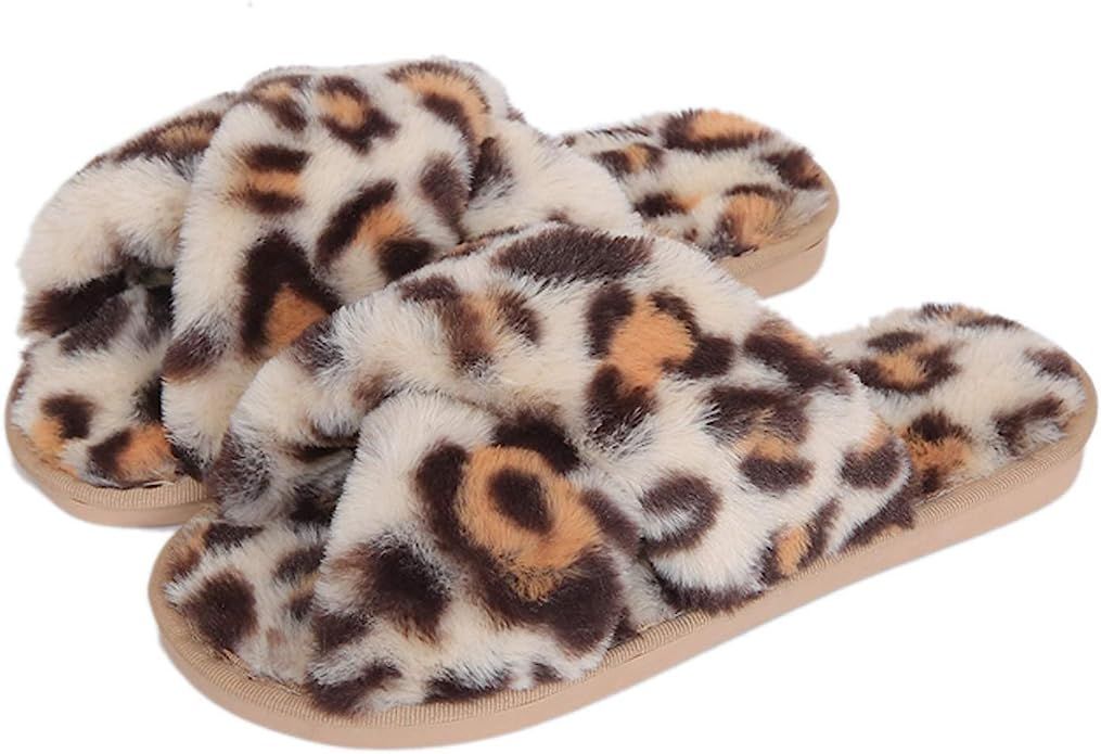 Fuzzy Slippers for Women, Cross Band Faux Furry Slippers Warm Slide Flat House Slippers Sandals L... | Amazon (US)