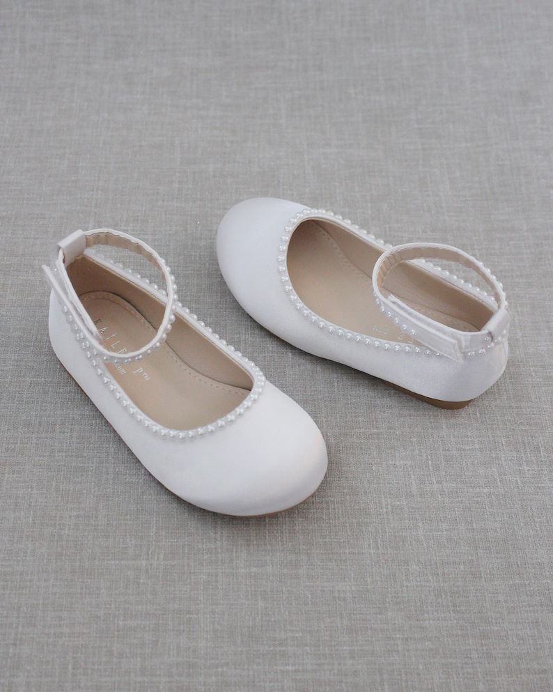 White Satin Flats With MINI PEARLS for Flower Girls Baptism | Etsy | Etsy (US)