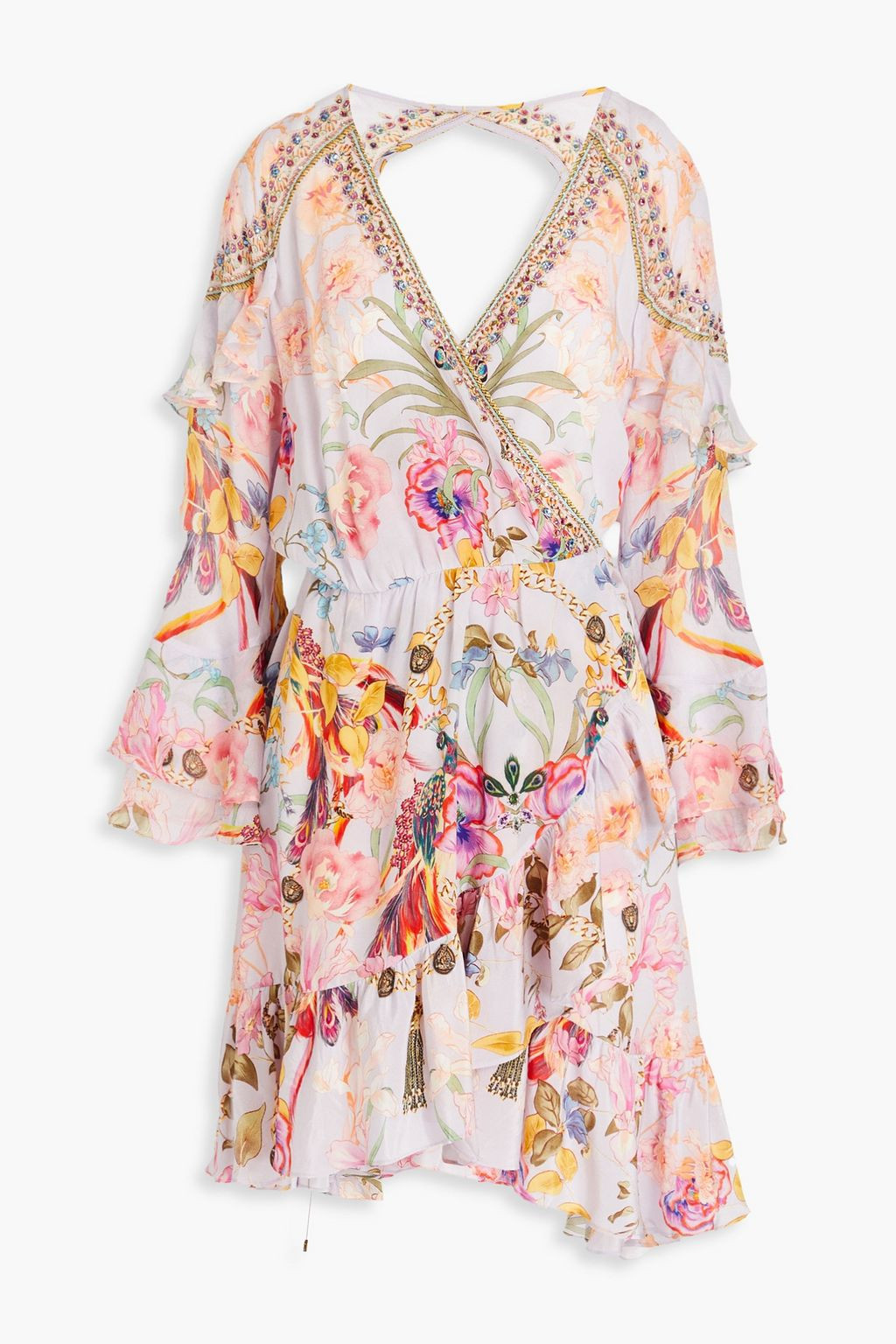 Embellished printed silk crepe de chine mini wrap dress | The Outnet (US and CA)