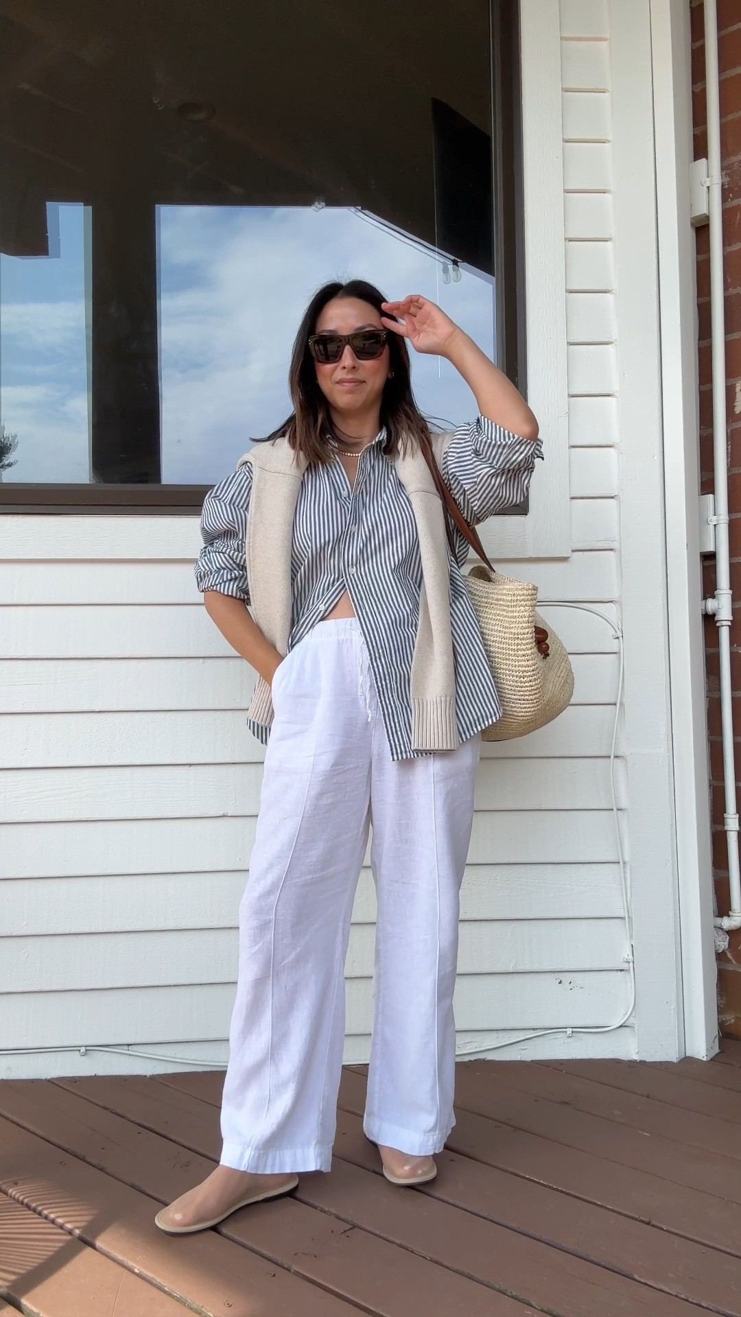 Another cool morning mom outfit. These are truly my favorite outfits to put together and wear. That mild 67 degree morning outfit. 

Gap x Doen shirt xs (old, linked similar)
Gap Factory linen blend pants petite xs
Amazon Mesh flats 5
Hunting Season tote
Quince cotton sweater small. Speckled beige 
Celine sunglasses
Blue Nile earrings
Dorsey James necklace 15"

#LTKPetite #LTKTravel #LTKStyleTip