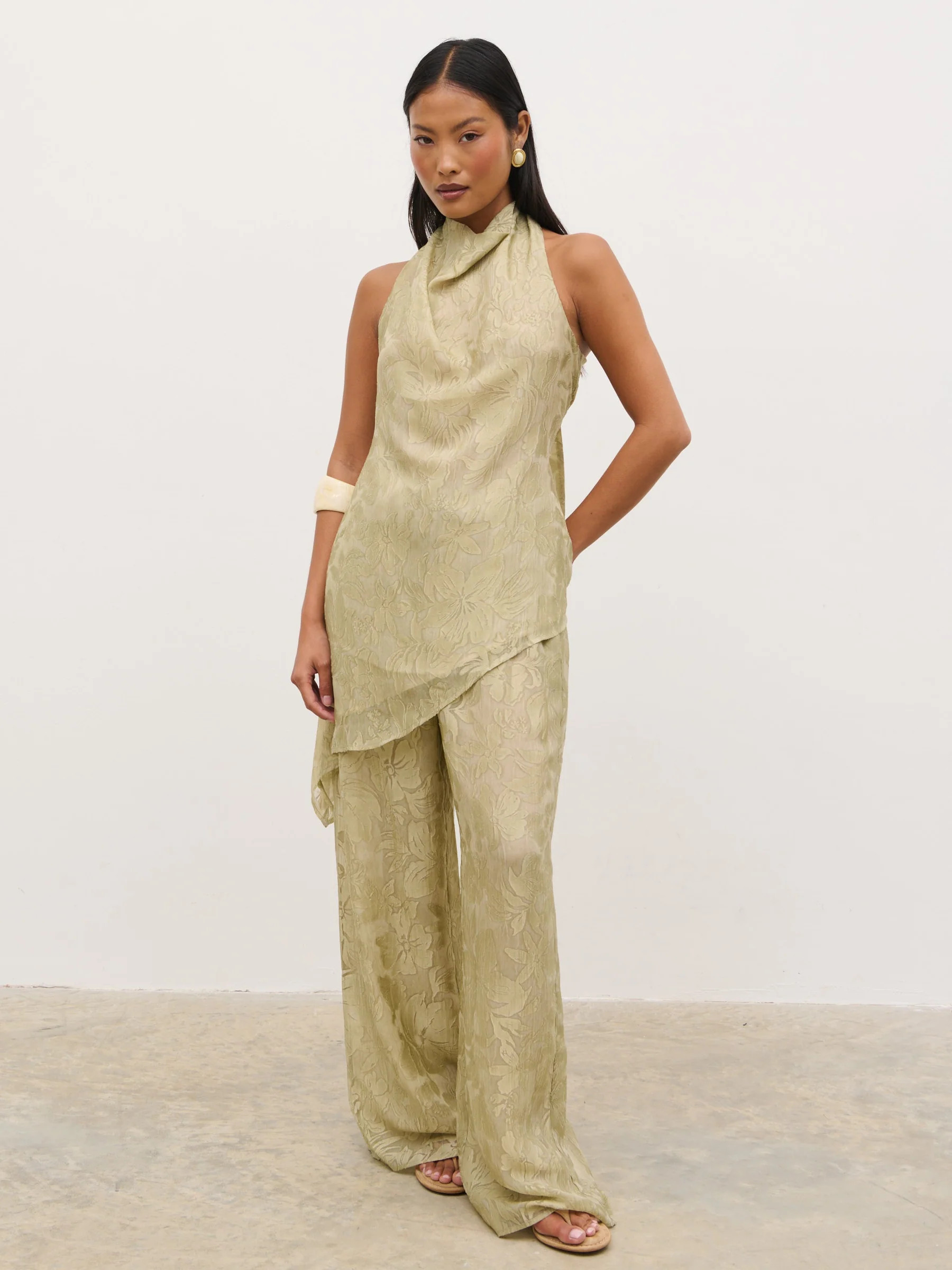 Inca Drawstring Trousers - Olive Jacquard Floral | Pretty Lavish (UK)