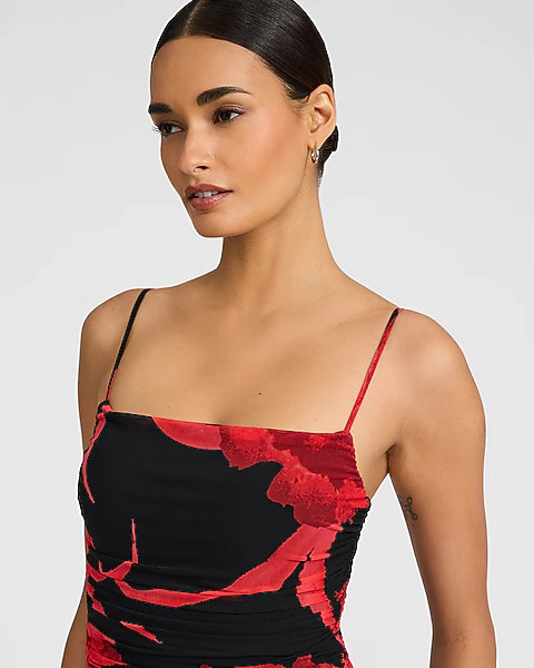 Printed Mesh Square Neck Ruched Midi Sheath Dress | Express