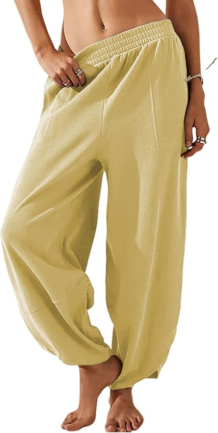 Springrain Womens Baggy Wide Leg Pants Cotton Elastic Waisted Loose Palazzo Harem Pants with Pock... | Amazon (US)