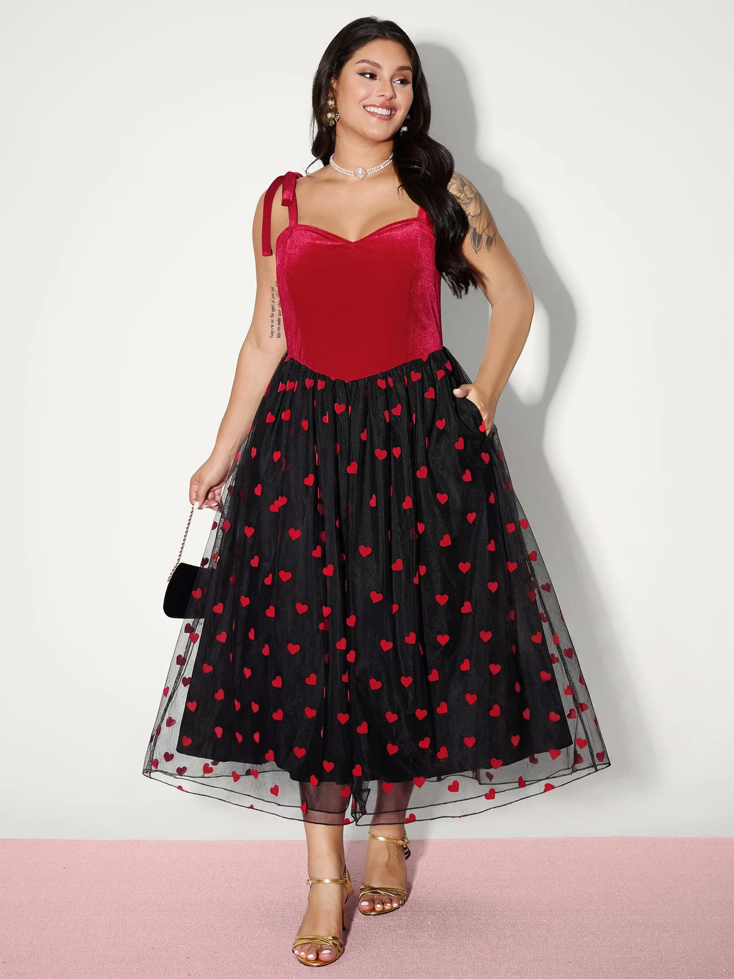 Velvet Heart Shaped Flocked Shoulder-Tie Midi Dress | Bloomchic