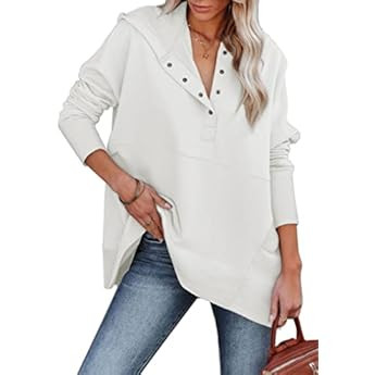 Funlingo Womens Oversized Hoodie Sweatshirt Casual Button V Neck Pullover Long Sleeve Hooded Tops... | Amazon (US)