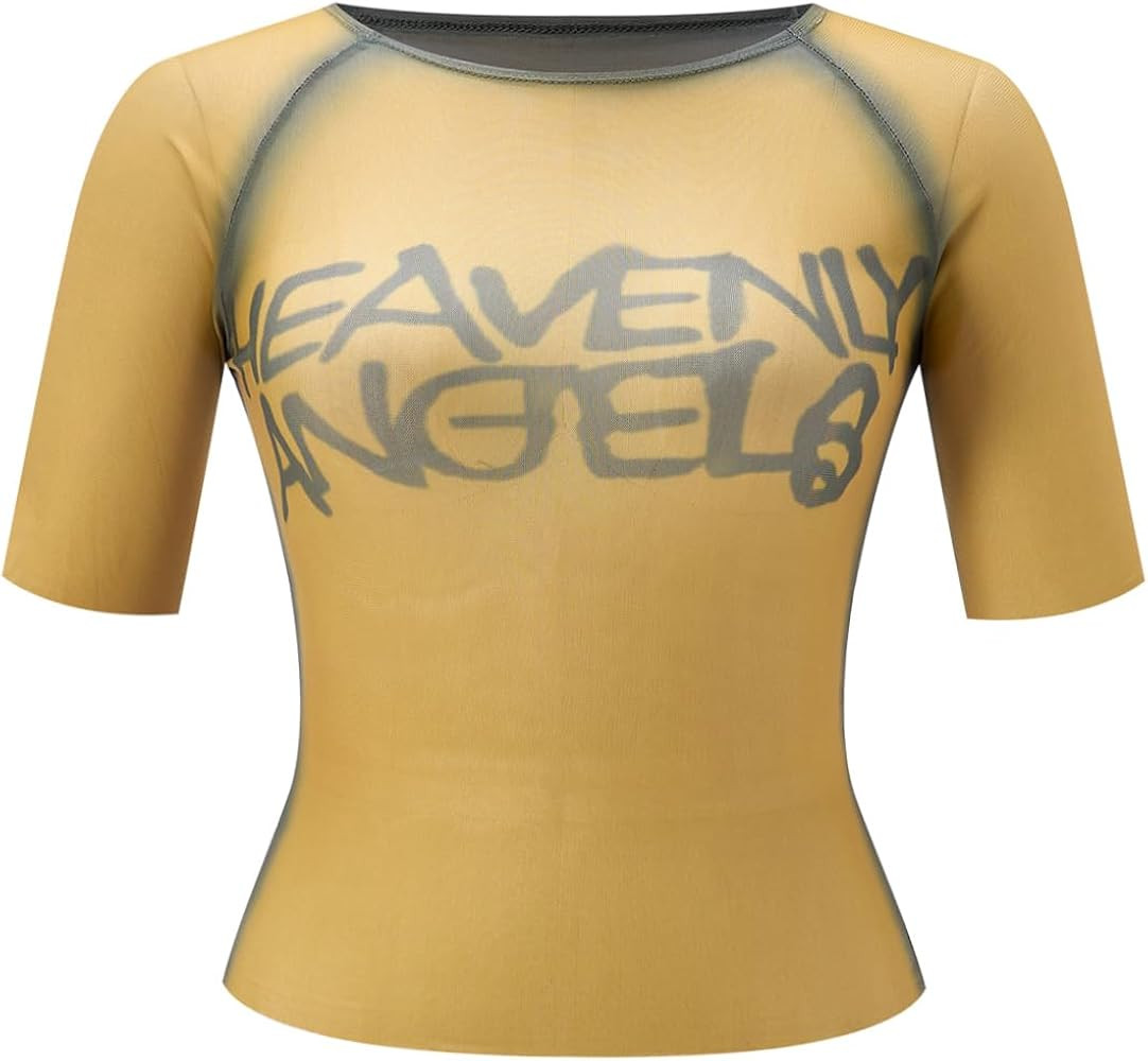 Women's Y2k Letter Graphic Tees Summer Sheer Crew Neck Short Sleeve T Shirts Going Out Tops | Amazon (US)