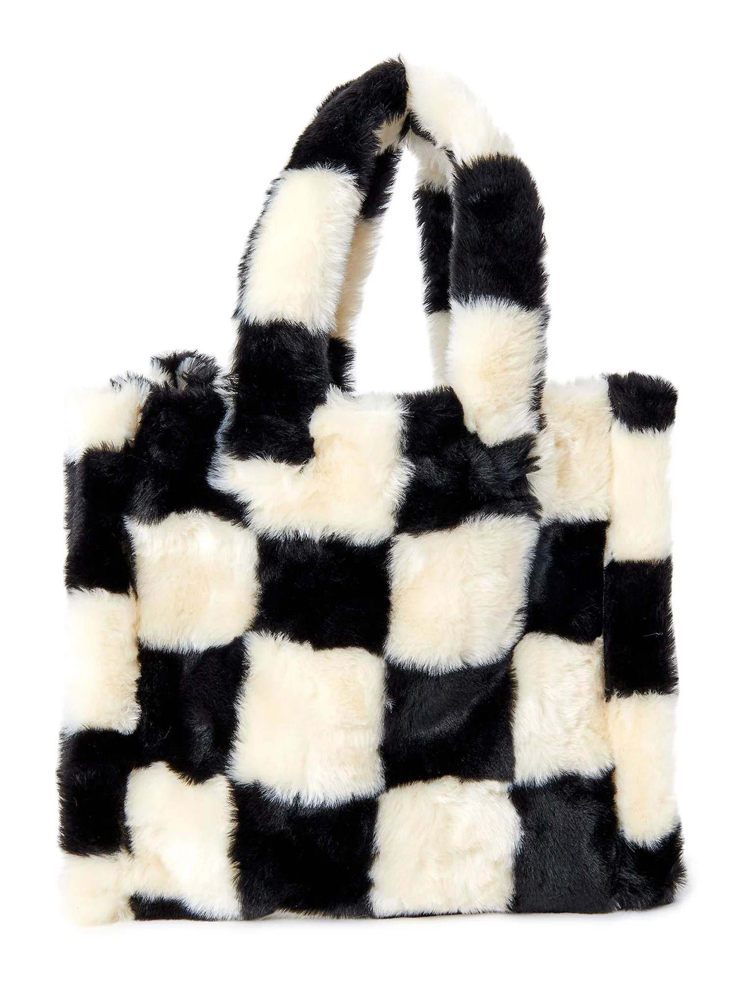 No Boundaries Women's Square Sherpa Tote Bag Black White Checker - Large - Walmart.com | Walmart (US)
