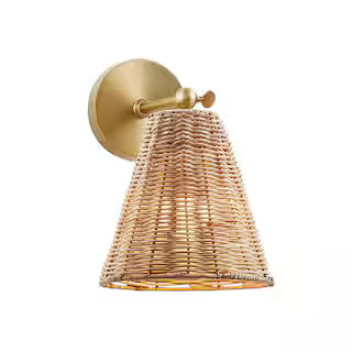 Savoy House Meridian 8 in. W x 11 in. H 1-Light Natural Brass Bohemian Wall Sconce with Rattan Sh... | The Home Depot