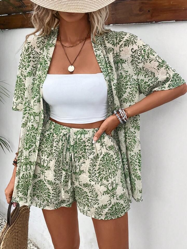 SHEIN VCAY Allover Floral Summer Women Beach Printed Leisure Vacation Kimono & Shorts Without Tub... | SHEIN