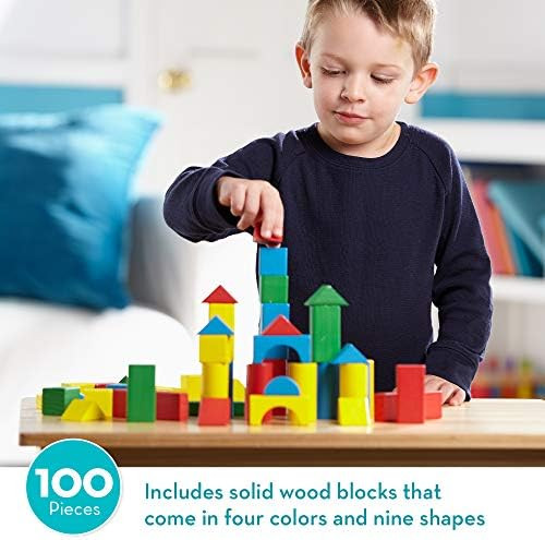 Melissa & Doug Wooden Building Set - 100 Blocks in 4 Colors and 9 Shapes | Amazon (US)
