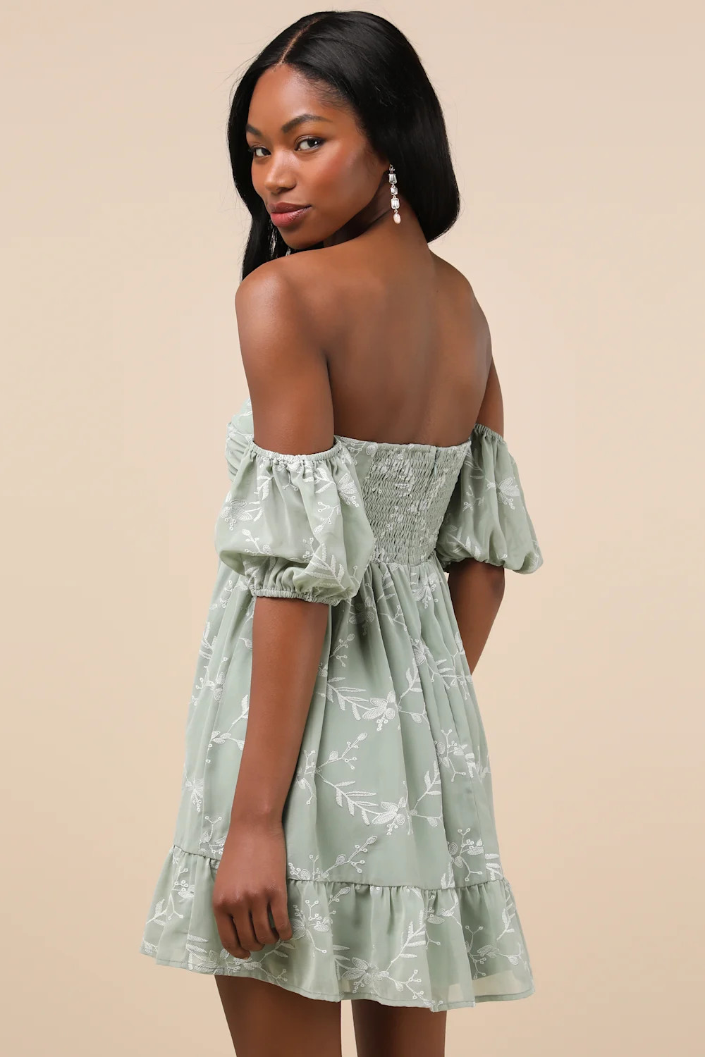 Cutest Icon Sage Green Embroidered Off-the-Shoulder Mini Dress | Lulus