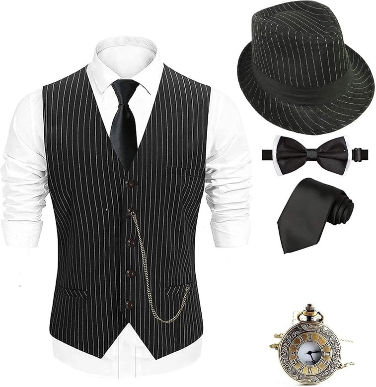 1920s Mens Costume Fedora Hat,Gatsby Gangster Vest,Vintage Pocket Watch,Pre Tied Bow Tie,Tie | Amazon (US)