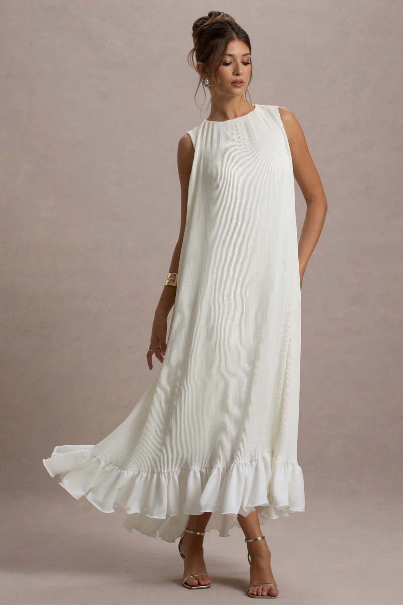 Hazelle  Cream Chiffon A-Line Ruffled Maxi Dress | Club L London