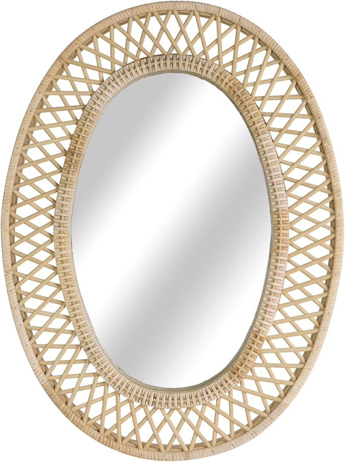 Oval Rattan Wall Mirror – 24x32 Inch Boho Elegance with Woven Frame, Decorative Mirror for Bath... | Amazon (US)