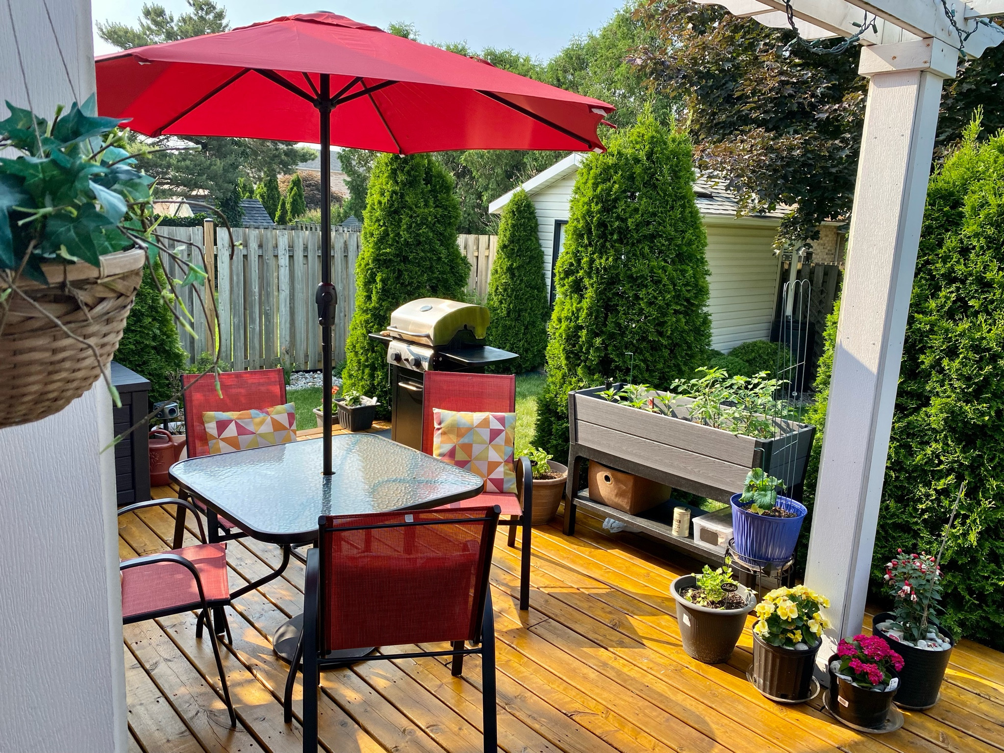 We upgraded our patio chairs & umbrella this year. The table is over 12 years old. The raised plantar box is from Costco.

#LTKhome #LTKSeasonal