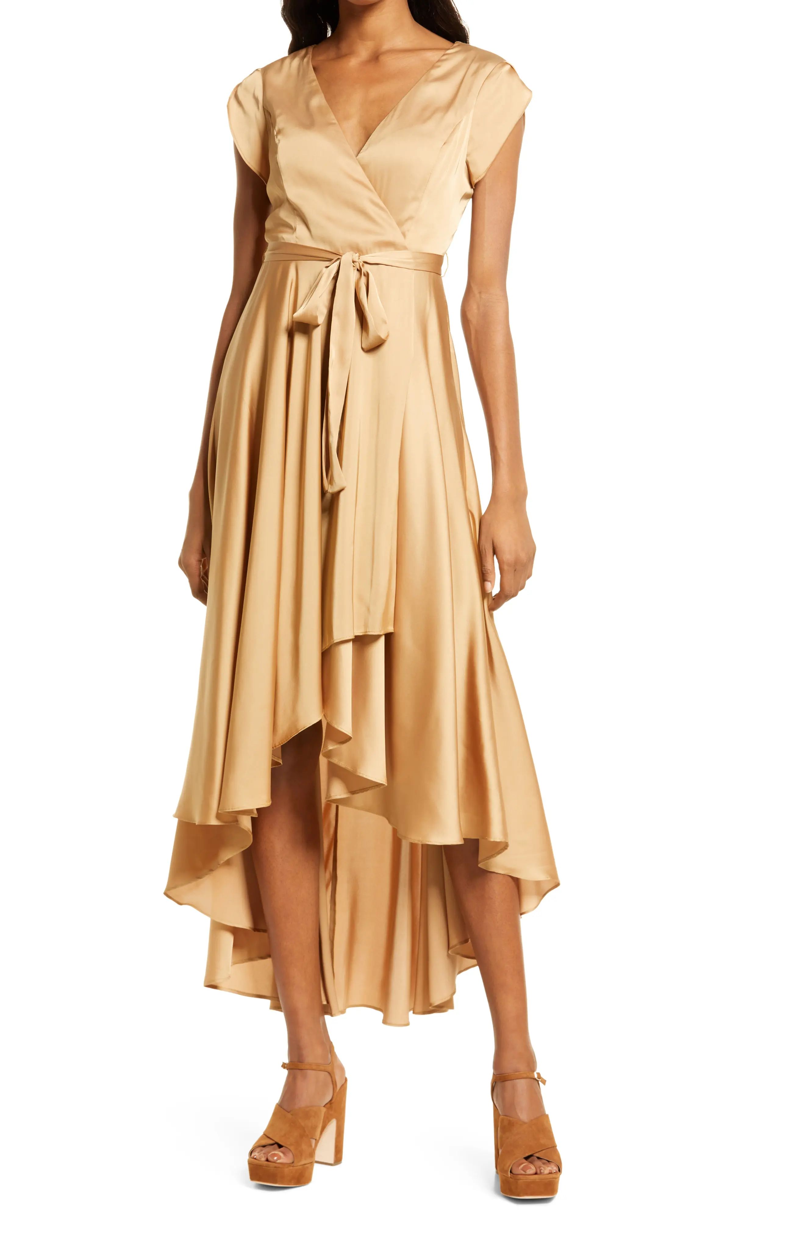 Lulus Fallen For You Satin High/Low Dress in Champagne at Nordstrom, Size X-Large | Nordstrom