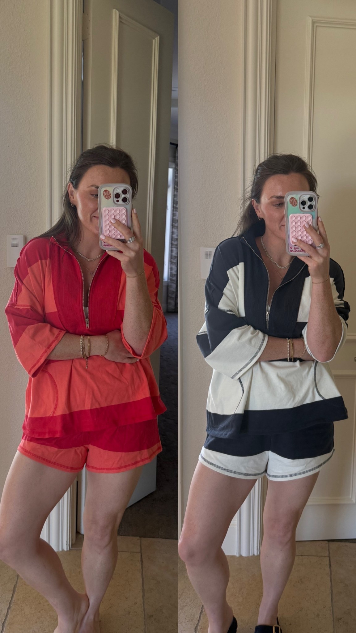 Very forgiving fit but I would suggest get your true to size! 
Wearing a Medium in the Coral Combo and Large in the Navy Combo

#LTKTravel #LTKHome #LTKMidsize