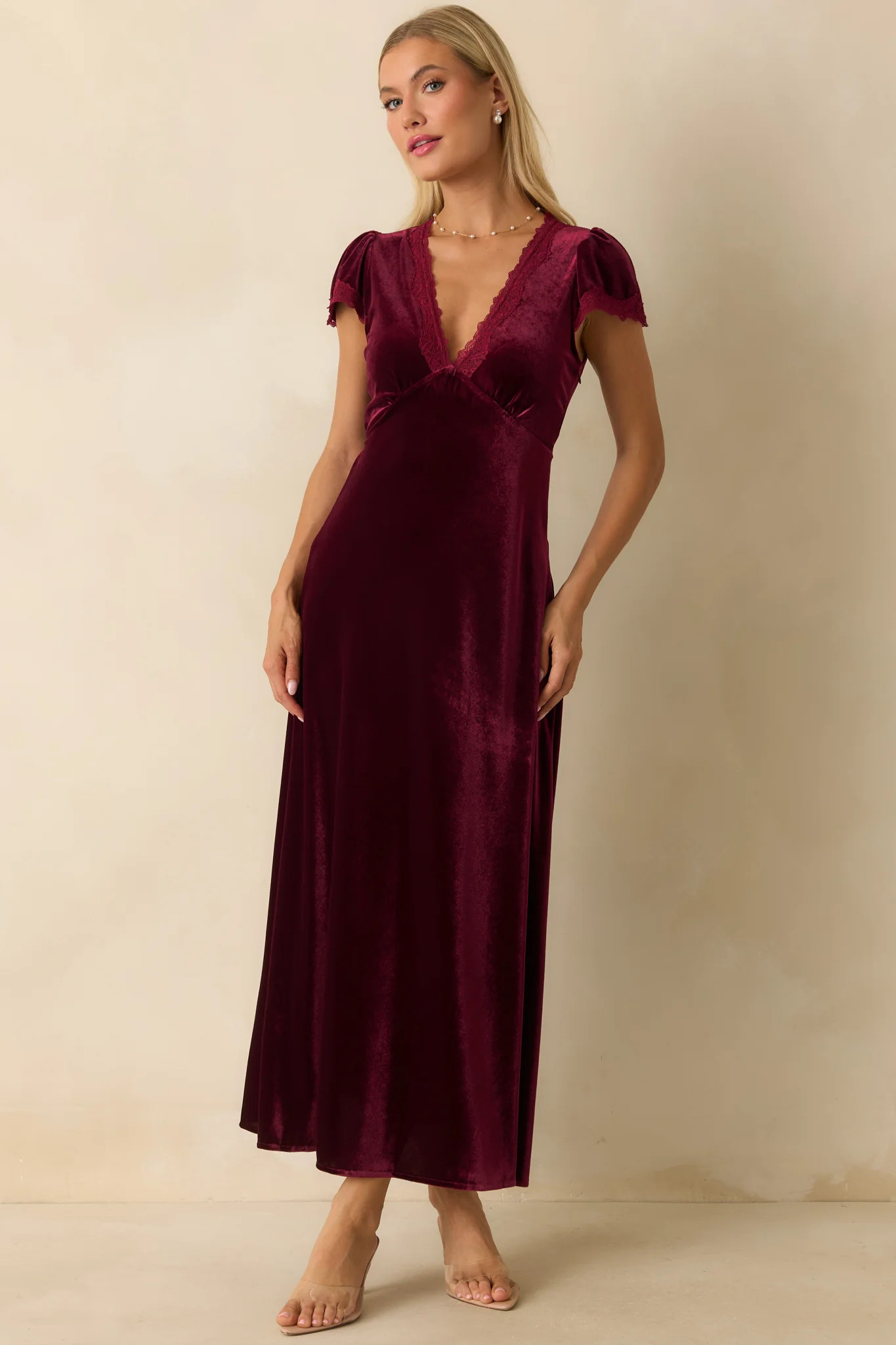 Made For The Moment Merlot V-Neck Velvet Maxi Dress | Red Dress