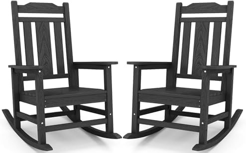 SERWALL Black Outdoor Rocking Chair Set of 2, All Weather Patio Rocking Chair, HDPE Poly Rocking ... | Amazon (US)
