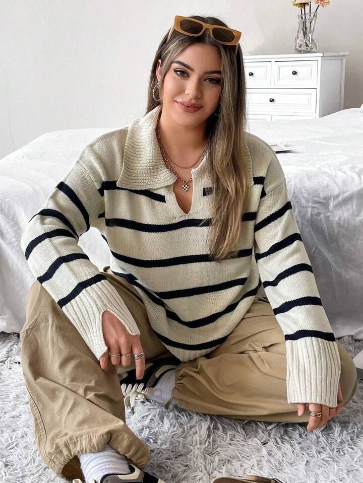 SHEIN EZwear Plus Striped Pattern Drop Shoulder Sweater | SHEIN